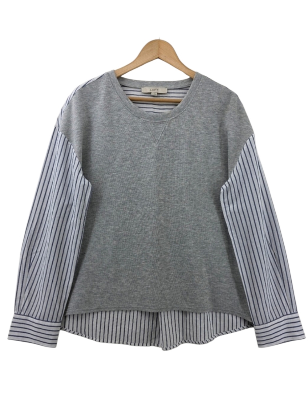 LOFT Pullover Gray Sweatshirt With Blue White Striped Shirt Detail Size Large
